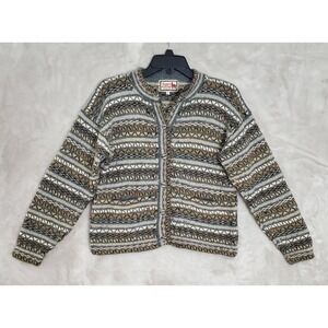 Alpaca Connection Cardigan Womens M Brown Gray Black Wool Button Sweater Peru